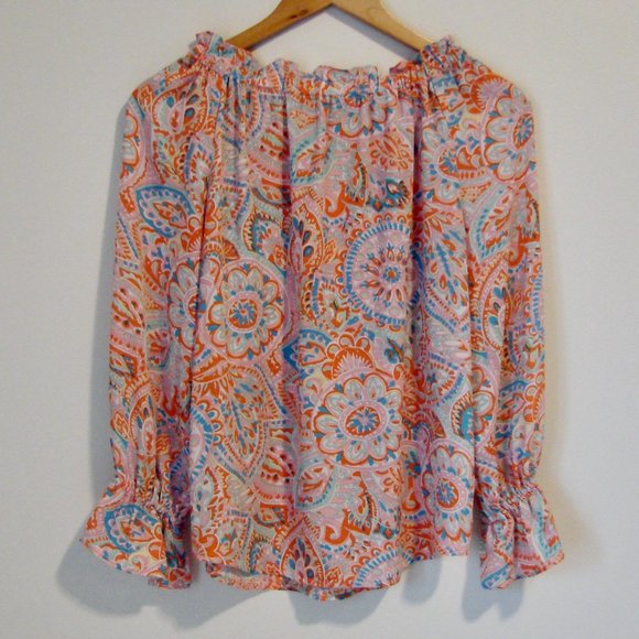 Talbots Floral Boho Peasant Blouse Top Ruffle Off Shoulder Loose Pink Orange XS - Picture 10 of 12